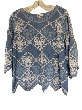 Kindred Anthropologie Dusty Blue Embroidered Boho Top Scallop Hem Sz M